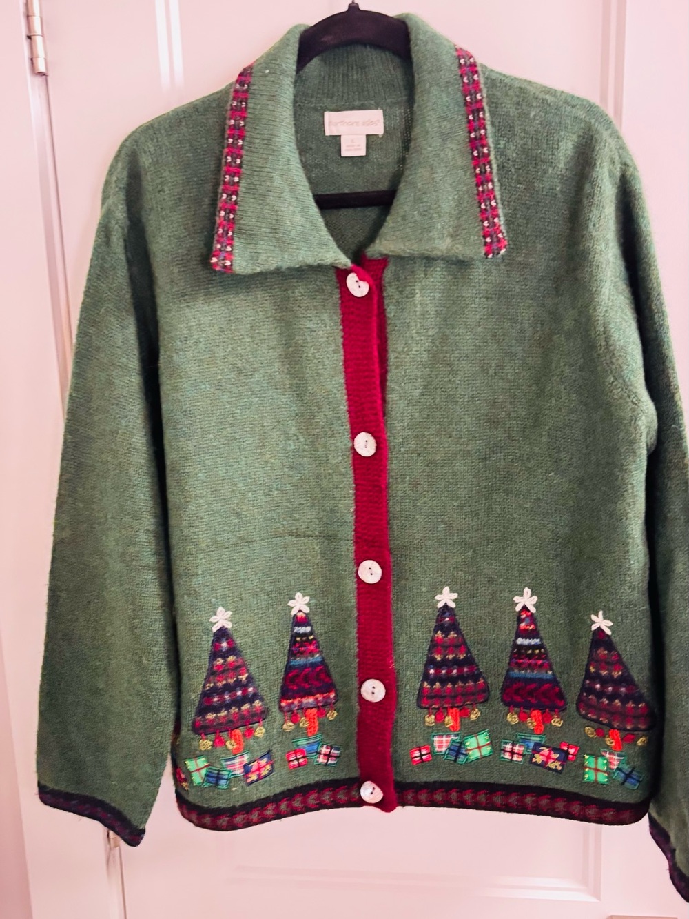 Green Embroidered Holiday Cardigan with Red Trim